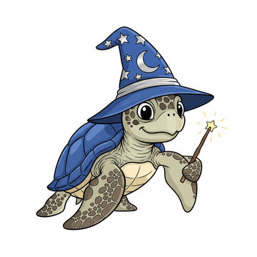 Magical Turtle Wizard with Starry Hat Cartoon Illustration