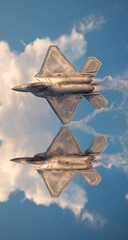 A stealth fighter jet reflected in a cloud-filled sky