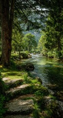 Fototapeta premium Sunlight streams through a lush forest, illuminating a tranquil mountain river