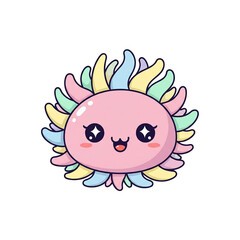 Cute kawaii character illustration of a cheerful pink sea creature with colorful pastel tentacles and sparkling eyes. Adorable cartoon mascot design