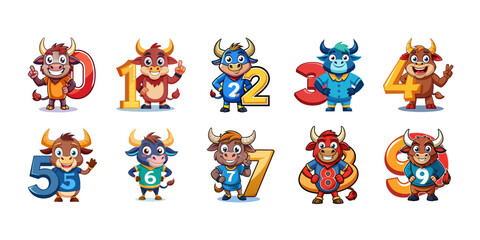 Playful Bull Numbers Vector Set 0-9 | Cute Animal Character Illustrations for Kids Learning, Children Book, Nursery, Education Designs