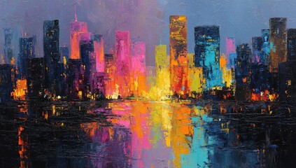 Vibrant city skyline at dusk.  Reflective water