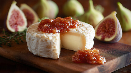 Artisanal soft ripened cheese wheel with creamy interior topped with golden fig jam preserve on rustic wooden cutting board surrounded by fresh halved figs showing pink flesh and seeds.