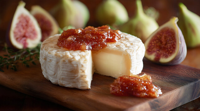 Artisanal soft ripened cheese wheel with creamy interior topped with golden fig jam preserve on rustic wooden cutting board surrounded by fresh halved figs showing pink flesh and seeds.