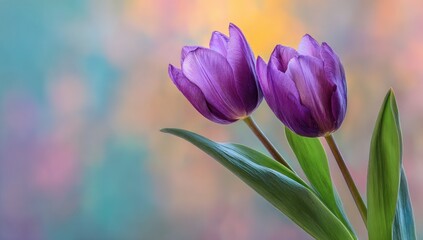 Two purple tulips against a soft, colorful background