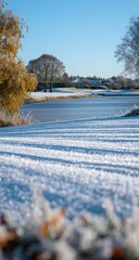 Snowy field by frozen lake, autumnal trees in background. 