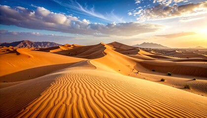 A breathtaking vista of a vast desert landscape at sunrise, showcasing rolling sand dunes under a vibrant sky filled with clouds.
