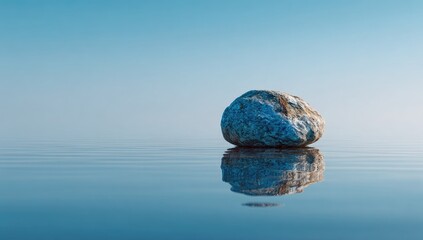 A solitary, smooth, mottled rock rests on a calm, glassy surface of water, mirroring perfectly.  Pale blue sky stretches above