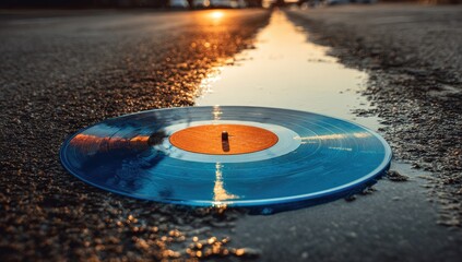 A vibrant blue vinyl record sits in a puddle on a paved road at sunset