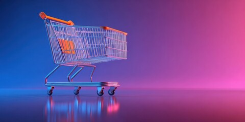 The shopping cart stands against a vibrant neon background in an artistic display.