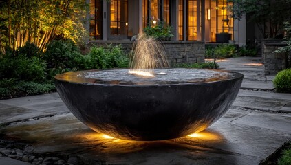 Dark bowl fountain, lit at night, in a landscaped yard