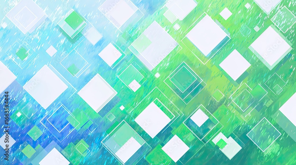 Poster abstract design with overlapping squares and vibrant colors.