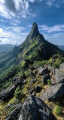 Dramatic mountain peak, lush slopes, and rocky terrain