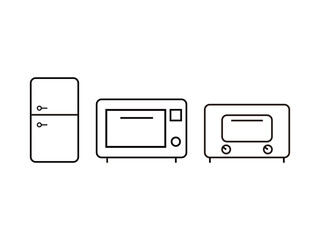 冷蔵庫、電子レンジ、トースターの線画アイコンのセット