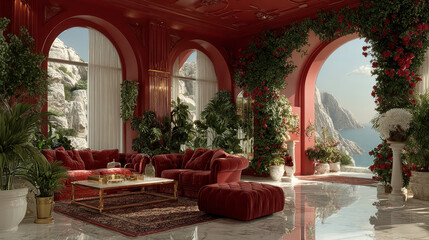 Fototapeta premium interior of living room with red curtain and lot of plants, 3d rendering 