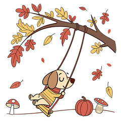 Cute Peaceful Playful puppy, accessorized with on a cloud swing, in a Autumn world – Autumn Leaves palette vector
