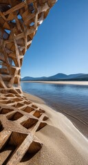 Wooden lattice structure framing a tranquil shoreline
