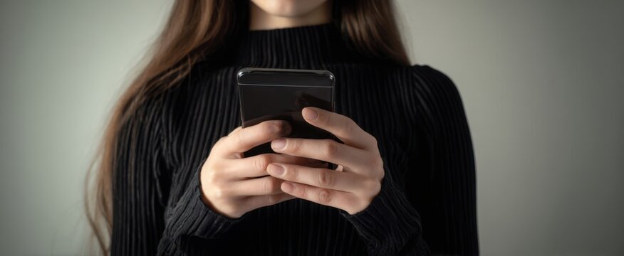 The woman holding a smartphone with long hair in a stylish outfit.