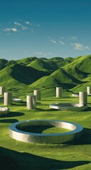 Futuristic metallic structures on a lush green landscape