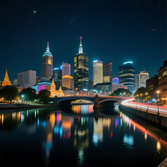 Obraz premium Cityscape Symphony: The majestic city skyline shimmers against the night sky, reflecting in the tranquil waters below, a vibrant and detailed scene capturing the energy and beauty of urban life.