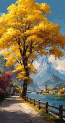 Golden autumnal village by a river, with majestic mountains