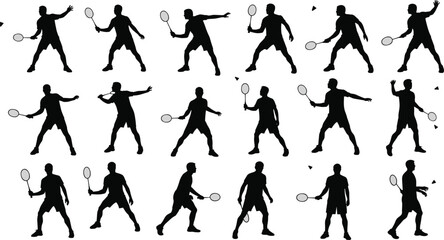 Badminton player silhouettes vector set, racket sport poses, action figures, black and white sports illustration, athletic movement, shuttlecock scenes.