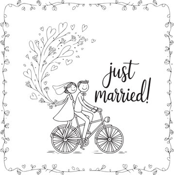 Happily Ever After: A whimsical illustration of a newlywed couple, brimming with joy, embarking on their journey together on a charming bicycle, surrounded by blossoming love.