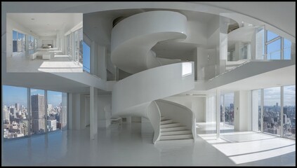 Obraz premium Panoramic view of a modern, minimalist, white penthouse apartment. Multiple indoor shots showcasing a grand spiral staircase and spacious rooms with city views