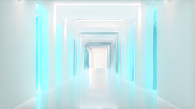 Infinite hallway with neon lighting, isolated on transparent background