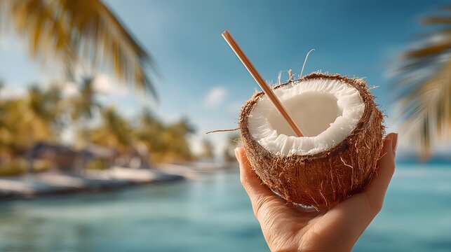 A refreshing coconut drink on a tropical beach, a taste of paradise in every sip