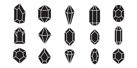 Collection of diverse black crystal shapes and gemstones isolated on white background
