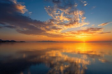 Golden sunrise reflects on calm sea, clouds