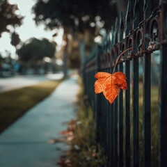 Single auburn leaf clings to aged fence
