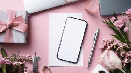 Flat lay desk with blank friendship card, pen, gift box, and phone alert, minimal top-view composition for invitation mockups