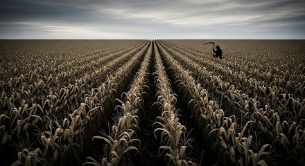 A solitary figure with a scythe walks through a vast, dry field of crops under a dramatic, cloudy sky, evoking a sense of harvest or impending change.