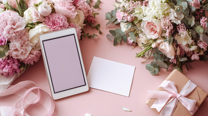 Greeting stationery display with tablet mockup beside printed card, bouquet and satin ribbons styled for heartfelt messages
