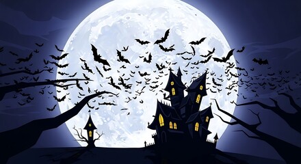 A spooky Halloween scene with a haunted mansion silhouetted against a giant full moon, surrounded by a swarm of flying bats and gnarled, bare tree branches.