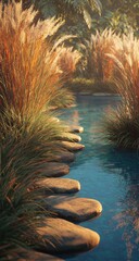 Tranquil path through a serene waterway, lined with tall grasses