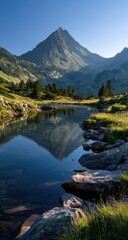 Serene mountain lake reflecting peak