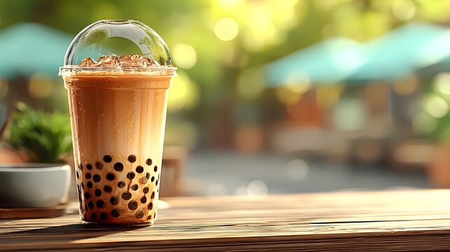 Refreshing bubble tea beverage with ice and tapioca pearls on outdoor table