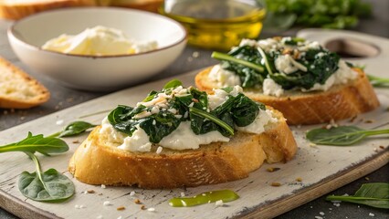 Savory bruschetta topped with fresh spinach and creamy ricotta cheese on a rustic wooden board