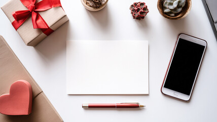 Organized workspace featuring blank friendship card, pen and gift box, smartphone with message alert, minimalist clean layout