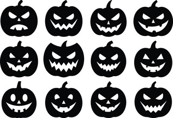 Obraz premium Vector art of a collection of twelve black silhouette jack o lantern pumpkin faces with carved scary expressions, isolated on a transparent background, perfect for halloween decorations