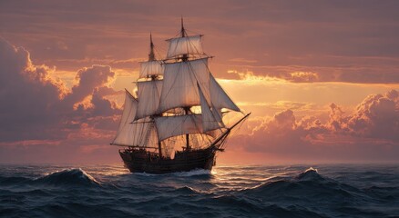 Obraz premium Vintage sailing ship at sunset