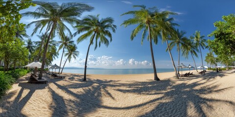 The serene beach scene featuring swaying palm trees and golden sandy shores.