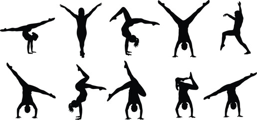 Gymnast silhouette poses, handstand balance, acrobatic strength, dancer flexibility, athletic body movement, yoga fitness art, dynamic motion, 