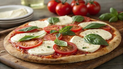 Buffalo mozzarella and tomato pizza topped with fresh basil on a wooden cutting board with tomatoes in the background
