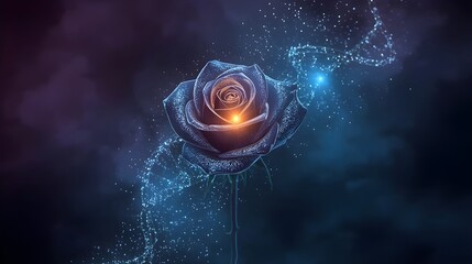 World Rose Day concept holographic DNA rose with metallic petals, glowing data streams, neon trails, futuristic genetic research and medical innovation design in misty blue purple atmosphere