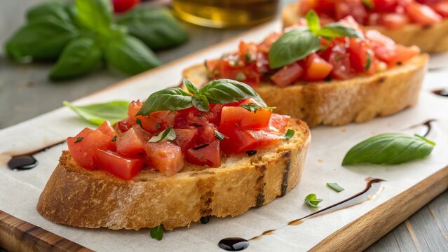 Classic bruschetta topped with fresh tomatoes and basil on toasted bread served in a rustic setting
