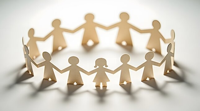 Equality and inclusion concept with paper cut-out people holding hands in circle.